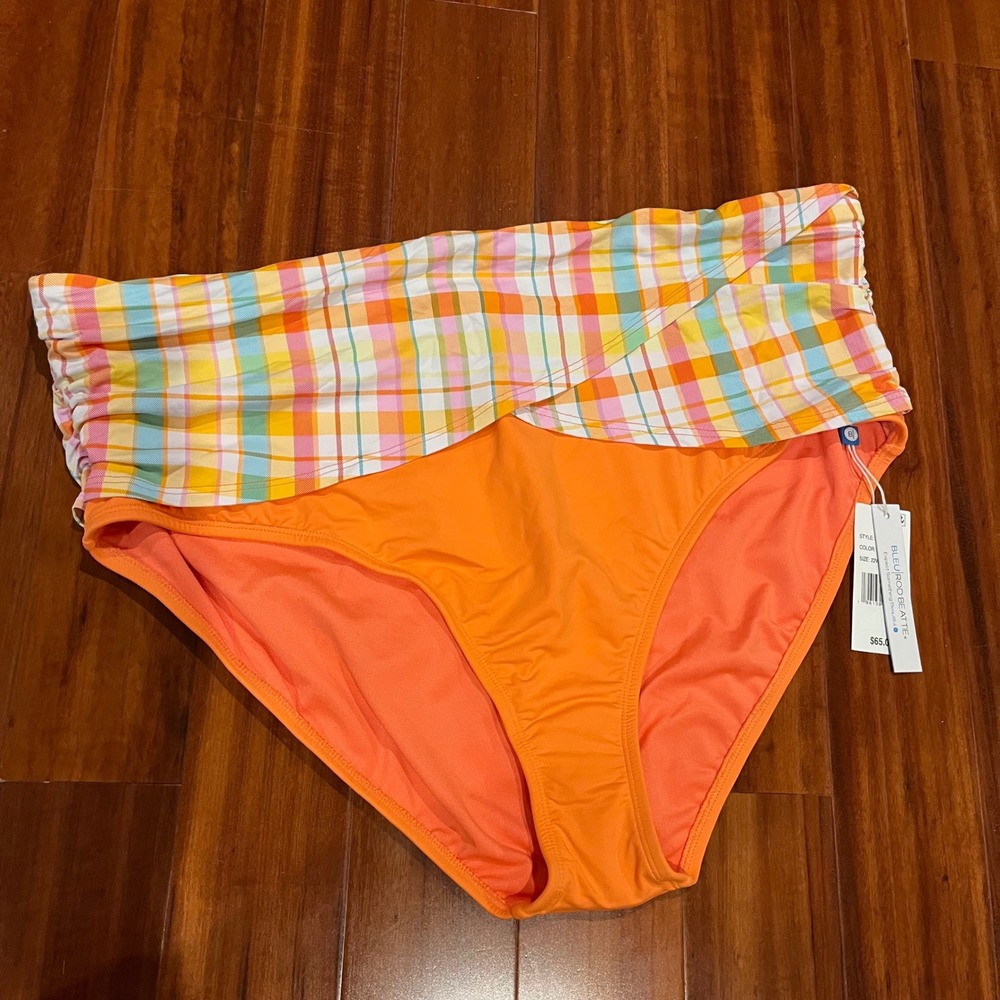 Bleu Rod Beattie Bikini Bottom Orange Coral Chic Plaid Ruche New Plus Size 22‎ W